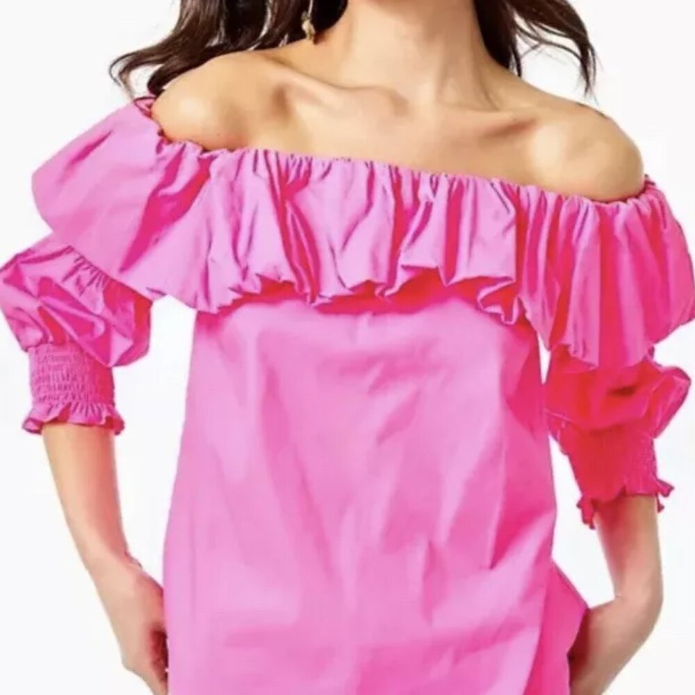 Lilly Pulitzer Beatrix off the shoulder top Plumeria pink sz. MED.  $118 tag NWT - Picture 4 of 8